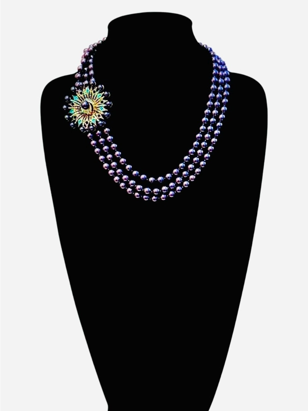 LUX COUTURE Multistrand Navy Pearl & GoldTone Jeweled Medallion Necklace | NWT
